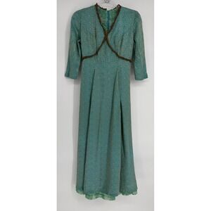 Vintage 70s Paisley Brocade Maxi Dress Lace Trim Empire Waist Sz S